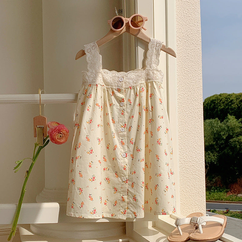 Summer Baby Kids Girls Sleeveless Single Breasted Floral Print Lace Hollow Out Strap Princess Dress - MyKids-USA™