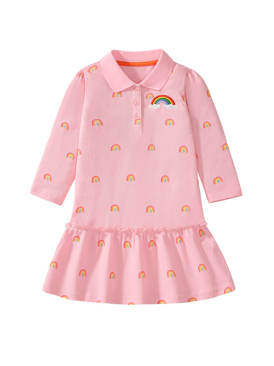 Best Selling Autumn Girls Rainbow Pattern Turn-down Collar Long Sleeves Polo Dress - MyKids-USA™