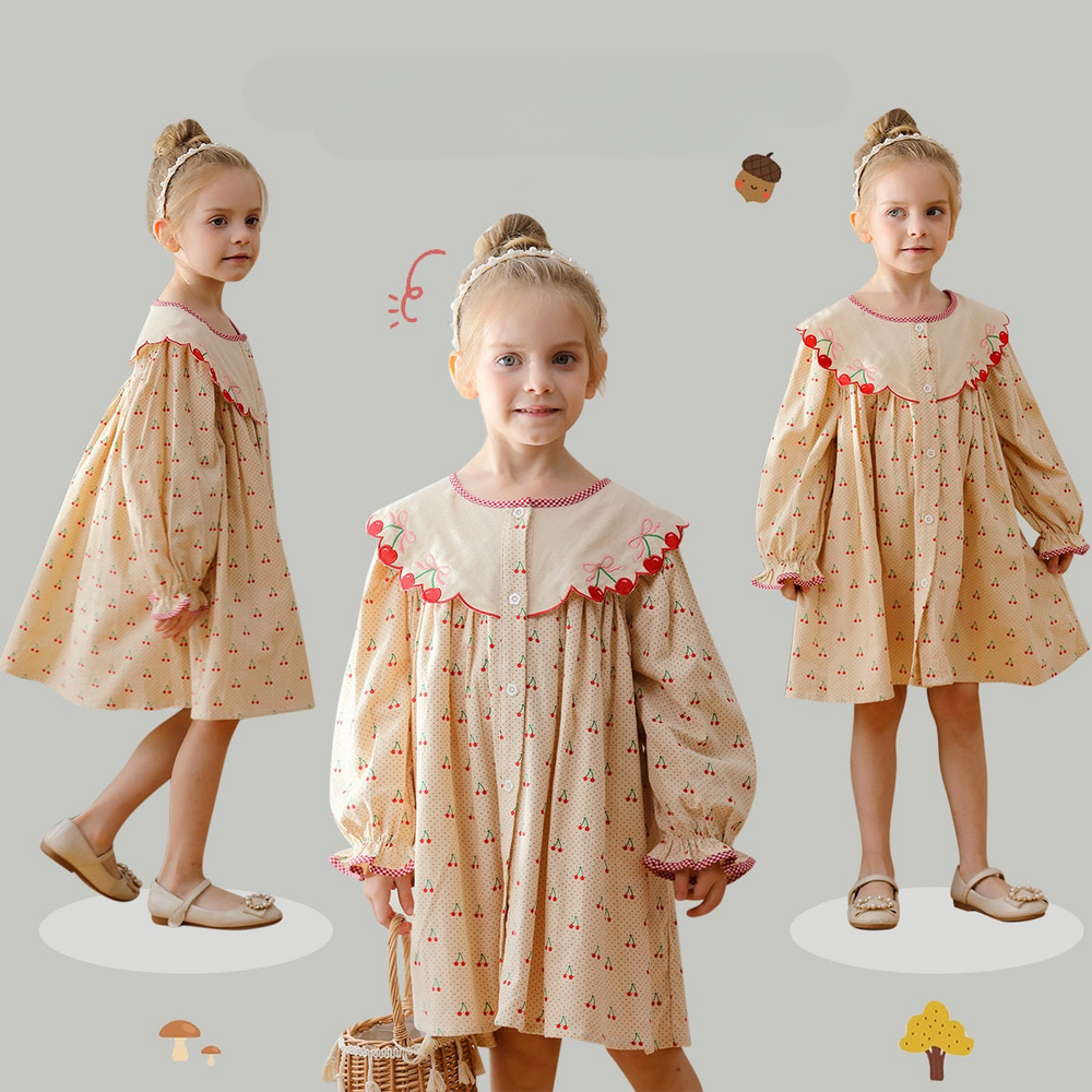 Arrival Autumn Girls Cherry Pattern Single Breasted Long Sleeves Dress with Embroidery Collar - MyKids-USA™