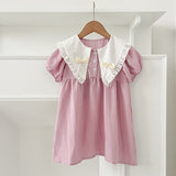 New Arrival Summer Girls Vintage Countryside Double-Bow Collar Short Sleeves Dress - MyKids-USA™