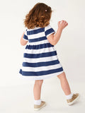 Spring And Summer Baby Girls Navy Blue Striped Floral Short Sleeves Dress