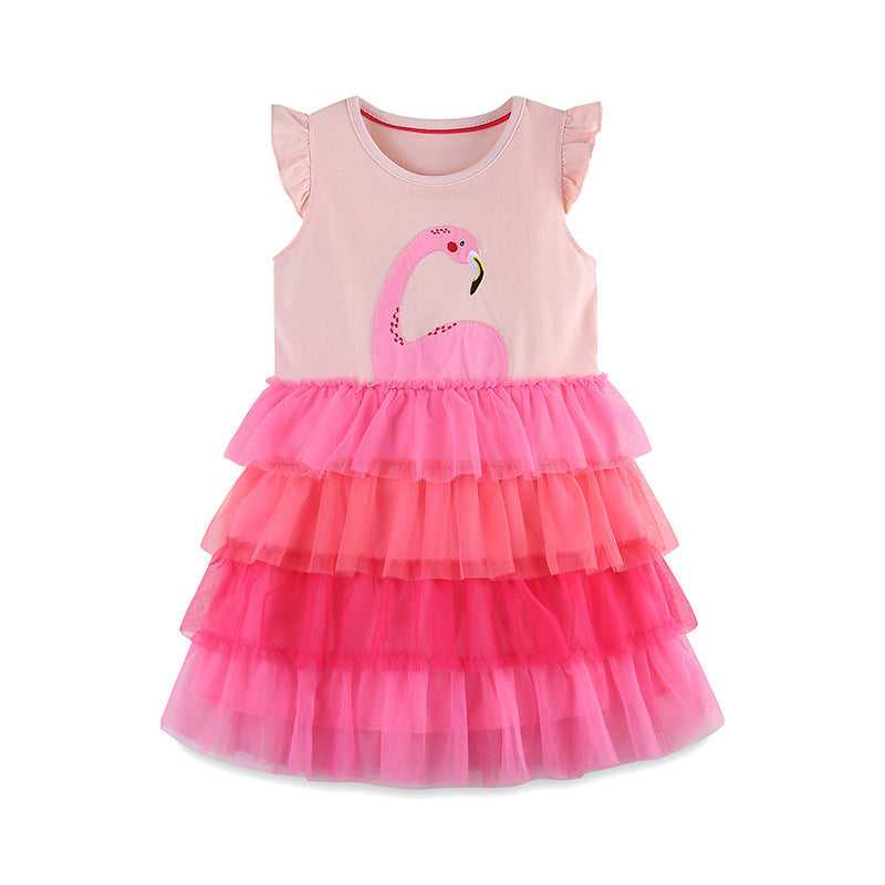 Girls Summer Cartoon Applique Sleeveless Gradient Mesh Design Dress - MyKids-USA™