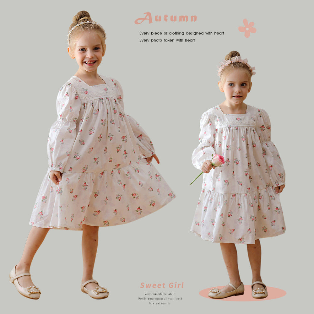 Design Autumn Girls Fashion Floral Long Sleeves Square Neck Dress - MyKids-USA™