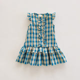 Summer Arrival Plaid Pattern Crew Neck Front-open Sleeveless Dress for Stylish Girls