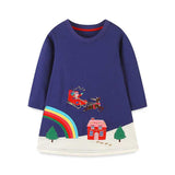 Girls’ Navy Blue Christmas Cartoon Pattern Embroidery Dress