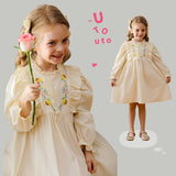 Arrival Autumn Girls Simple Ruffle Neck Long Sleeves Vine and Flowers Pattern Dress - MyKids-USA™