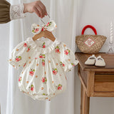 Summer Girls Flowers Pattern Short Sleeves Hollow Out Ruffle Collar Onesies And Dress – Sister Matching Clothing Set