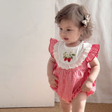 Summer Arrival Baby Cute Plaid Sleeveless Strawberry Embroidered Onesies