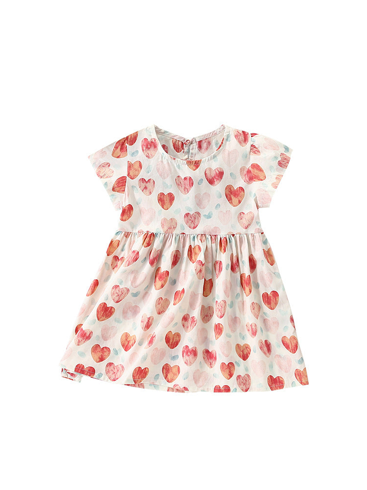 Summer New Arrival Girls’ Heart Pattern Short Sleeves Crew Neck Dress - MyKids-USA™