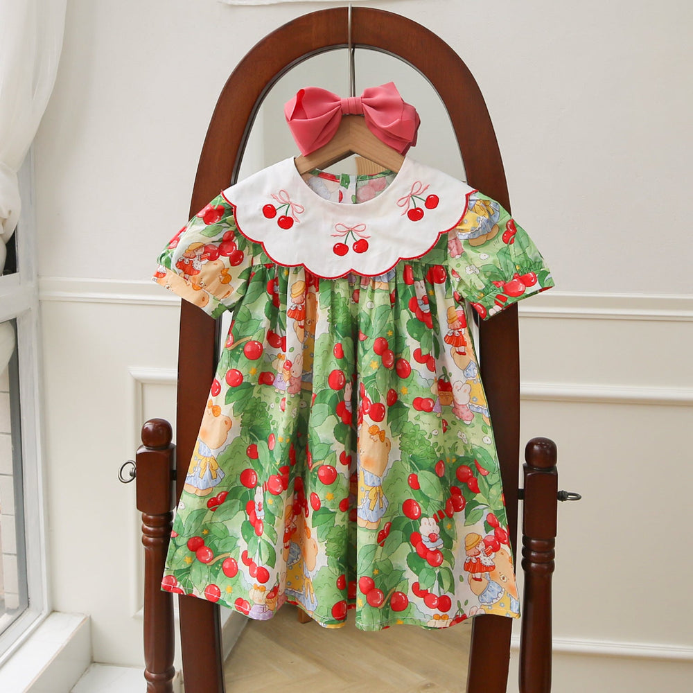 New Design Summer Kids Girls Cartoon Oil Painting Print Short Sleeves Embroidered Collar Dress - MyKids-USA™