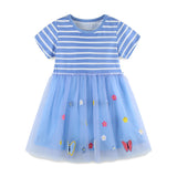Girls Summer Striped Applique Short Sleeves Blue Mesh Design Dress