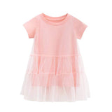 Girl Solid Mesh Pattern Short Sleeve Round Collar Dress In Summer