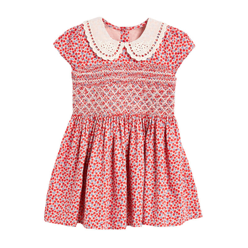 Baby Girl Ditsy Flower Print Hollow Carved Neck Knitted Waist Dress - MyKids-USA™