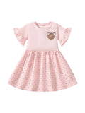 Summer Teddy Logo Short-sleeved Pink Dress with Dots Pattern for Stylish Girls