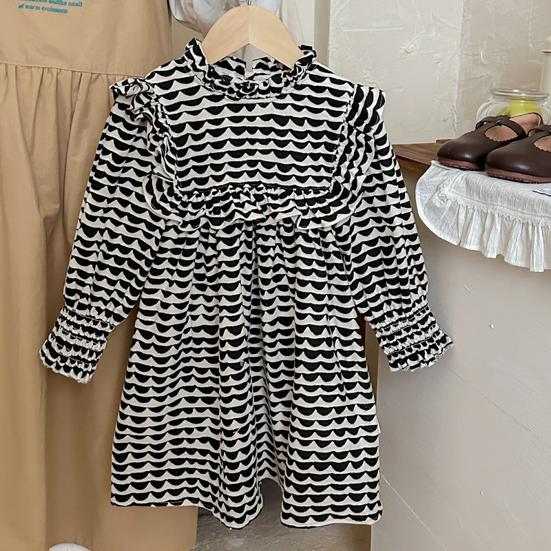 Arrival Autumn Girls Wave Print Stand Collar Ruffle Hem Dress - MyKids-USA™