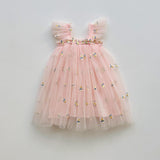 Summer Baby Kids Girls Sleeveless Floral Jacquard Mesh Design Off Shoulder Strap Dress