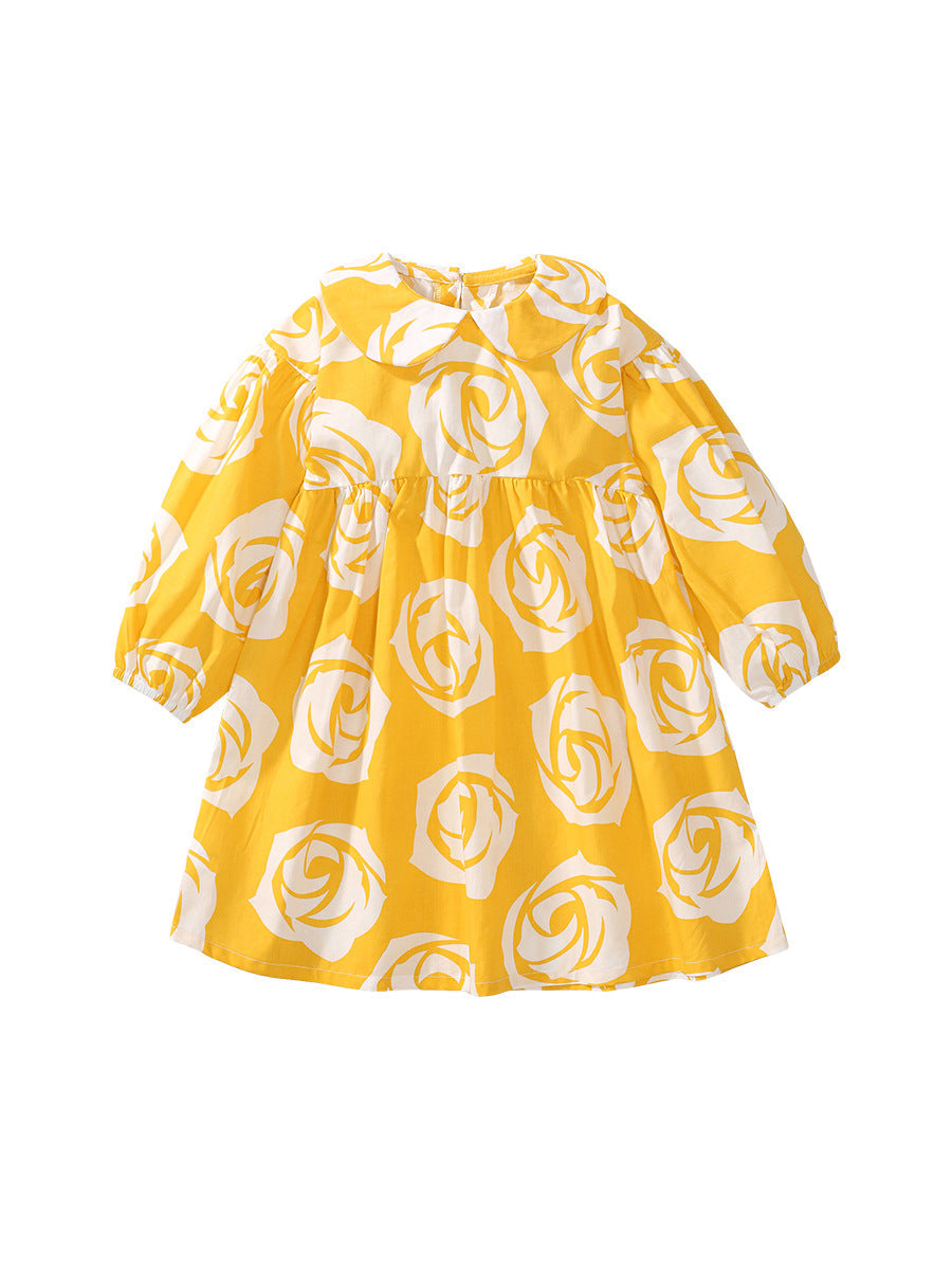 Design Autumn Girls Flowers Pattern Peter Pan Collar Long Sleeves Dress - MyKids-USA™