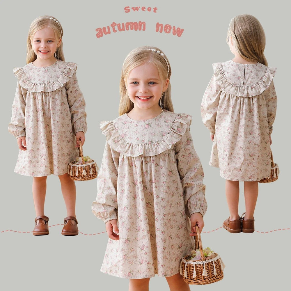 Arrival Autumn Girls Cute Flowers Print Crew Neck Long Sleeves Stylish Dress - MyKids-USA™