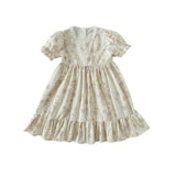French Design Summer Baby Kids Girls Short Sleeves Square Neck Floral Dress