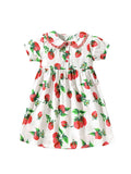 Summer Pure Cotton Strawberry Pattern Short-sleeved Dress with Peter Pan Collar for Stylish Girls