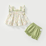 Summer Baby Kids Floral Pattern Fly Sleeves Top Dress and Green Shorts Clothing Set for Girls