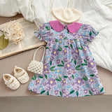 New Arrival Summer Girls Floral Print Short Sleeves Bow Design Collar Dress - MyKids-USA™