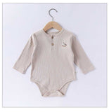 Spring Arrival Baby Unisex Long Sleeves Striped Onesies Bodysuits with Simple Embroidery