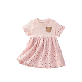 Summer Arrival Teddy Bear and Dots Pattern Short Sleeves Dress for Stylish Girls