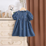 Summer Baby Kids Girls Denim Short Sleeves Flowers Pattern Embroidered Dress