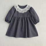 Lace Collar Grid Pattern Long Sleeve Bodysuit OR Dress For Toddler