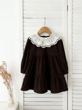Spring and Autumn Corduroy Long-sleeved Dress with Lace Collar for Stylish Girls