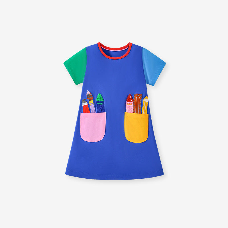 Summer New Arrival Pencils Pattern Short Sleeves Pocketed Dress for Stylish Girls - MyKids-USA™