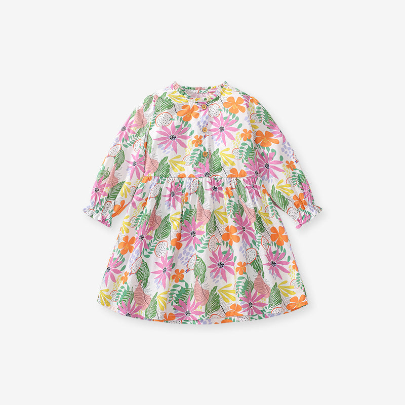 Arrival Autumn Girls Long Sleeves Colorful Flowers Pattern Ruffle Neck Dress - MyKids-USA™