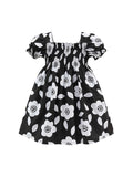 Baby Girls Square Neck Short Sleeves Black Floral Dress - MyKids-USA™