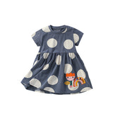 Summer Arrival Flowers Cartoon and Polka Dots Pattern Short Sleeves Dress for Stylish Girls