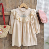 Design Autumn Girls Flowers and Bows Embroidery Ruffle Neck Long Sleeves French Style Dress - MyKids-USA™