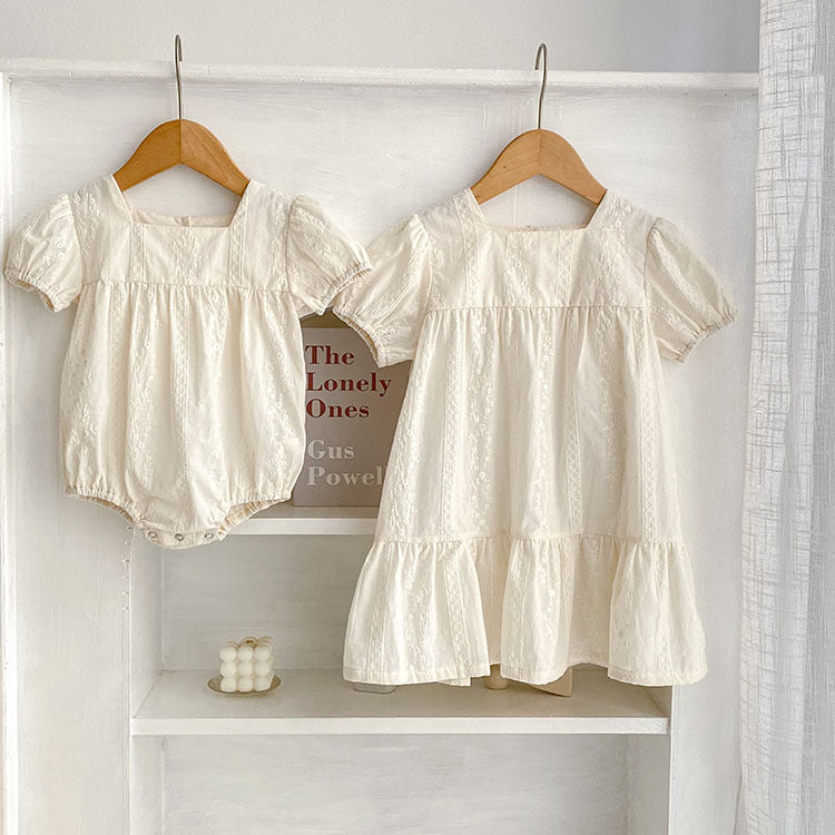 Summer Girls Solid Color Simple Embroidery Square Neck Onesies And Dress – Princess Sister Matching Set - MyKids-USA™