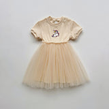 Summer Baby Kids Girls Short-Sleeved Cartoon Unicorn Pattern Mesh Patchwork Dress
