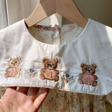 Summer Baby Kids Girls Short Sleeves Crew Neck Teddy Bear Pattern Floral Dress - MyKids-USA™