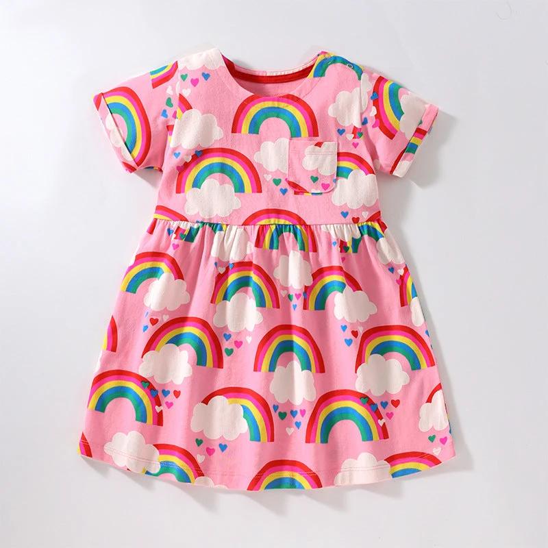 Baby Girl Rainbow Graphic Short Sleeve Round Neck Dress - MyKids-USA™