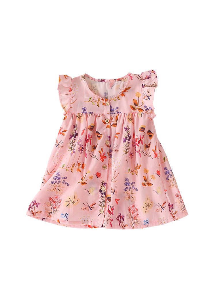 Summer New Design Girls’ Flowers Pattern Fly Sleeves Single Breasted Crew Neck Dress - MyKids-USA™
