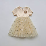 Summer Baby Kids Girls Short-Sleeved 3D Flowers Pattern Mesh Design Patchwork Dress