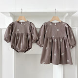 Spring Baby Girls Floral Embroidery Pattern Long-sleeved Onesies and Dress – Princess Sister Matching Set