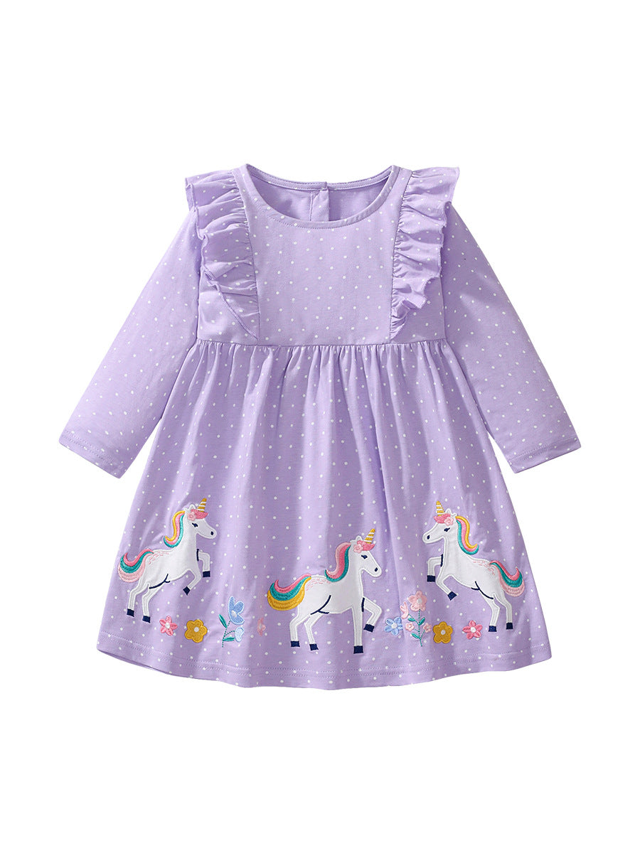 Design Autumn Girls Unicorn Cartoon And Dots Pattern Crew Neck Long Sleeves Princess Dress - MyKids-USA™