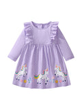 Design Autumn Girls Unicorn Cartoon And Dots Pattern Crew Neck Long Sleeves Princess Dress - MyKids-USA™