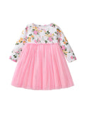 Design Autumn Girls Flowers Pattern Crew Neck Long Sleeves Pink Tulle Patchwork Princess Dress - MyKids-USA™