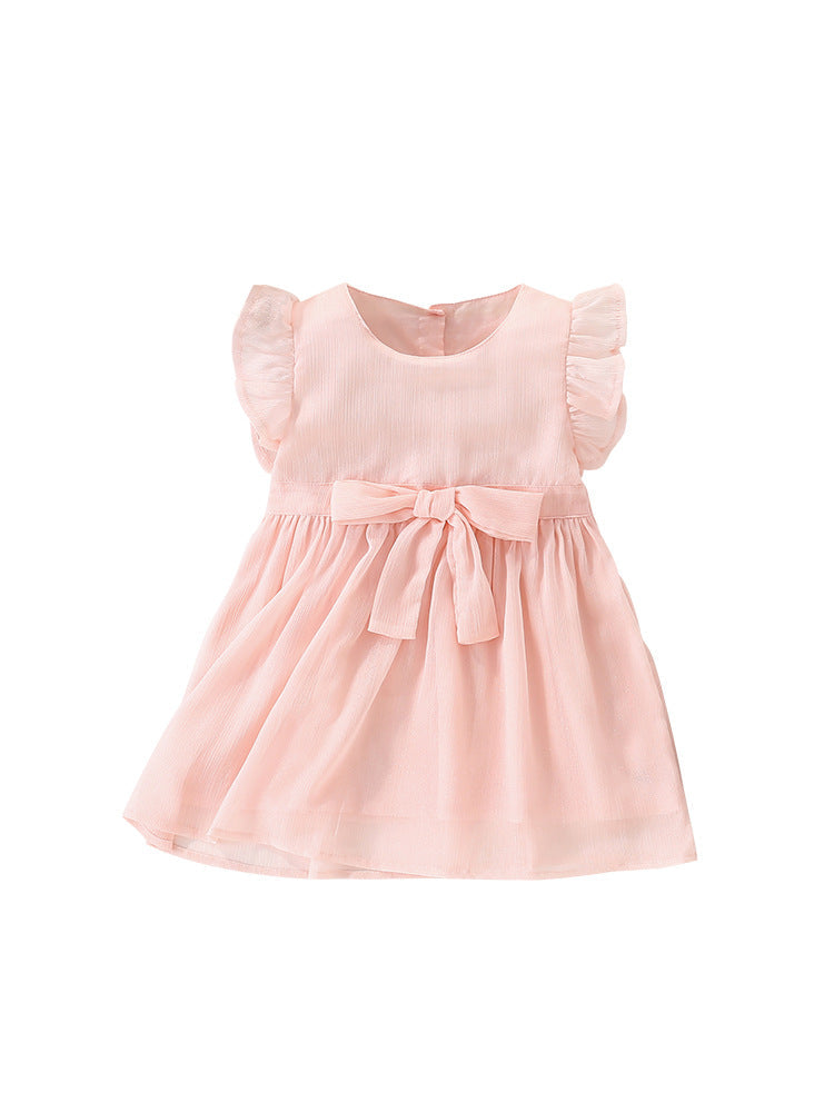Summer New Arrival Girls’ Simple Plain Pink Short Sleeves Bow Tied Dress - MyKids-USA™