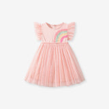 Summer Arrival Colorful Rainbow Pattern Fly Sleeves Tulle Dress for Stylish Girls