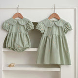 Summer Girls Simple Floral Embroidery Lace Trim Collar Short Sleeves Onesies And Girls’ Dress – Princess Sister Matching Set