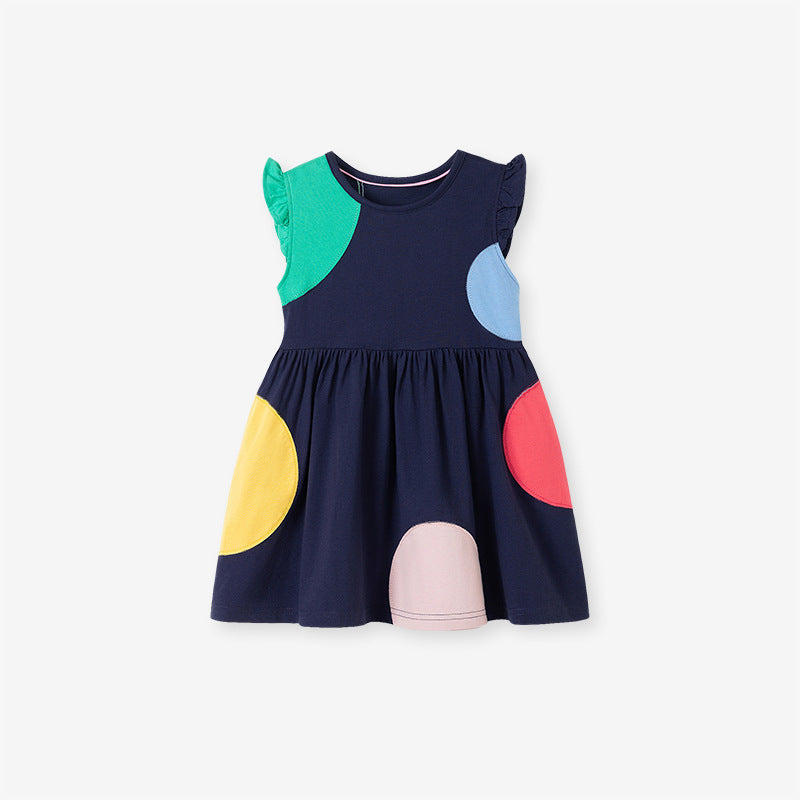 Summer Arrival Fly Sleeves Crew Neck Color Patchwork Dress for Stylish Girls - MyKids-USA™